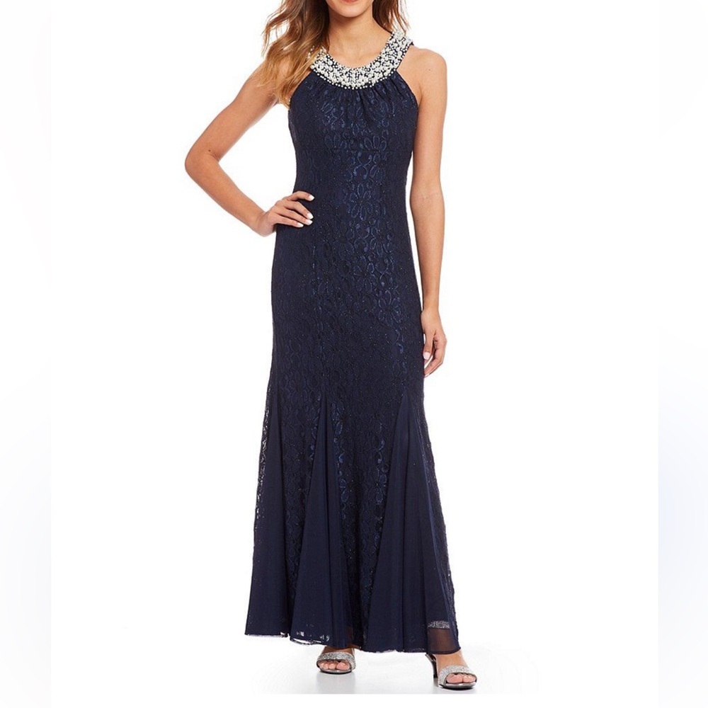 R&M Richards Beaded Blue Halter Maxi Dress - Picture 1 of 11